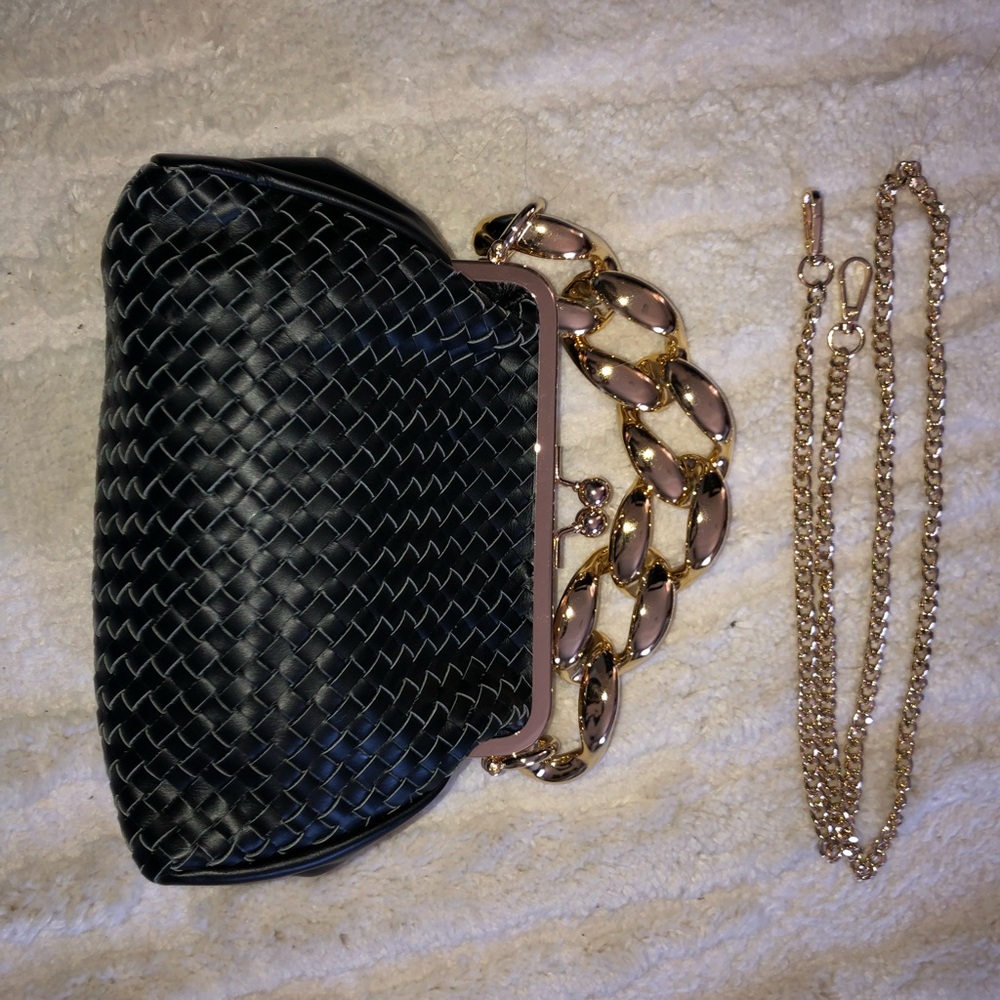 Valentina Black and Gold Woven Clutch with Chain